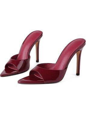 Women's Wine Red Sandals Open Toe Stiletto High Heels Mules Slip On Patent Shoes
